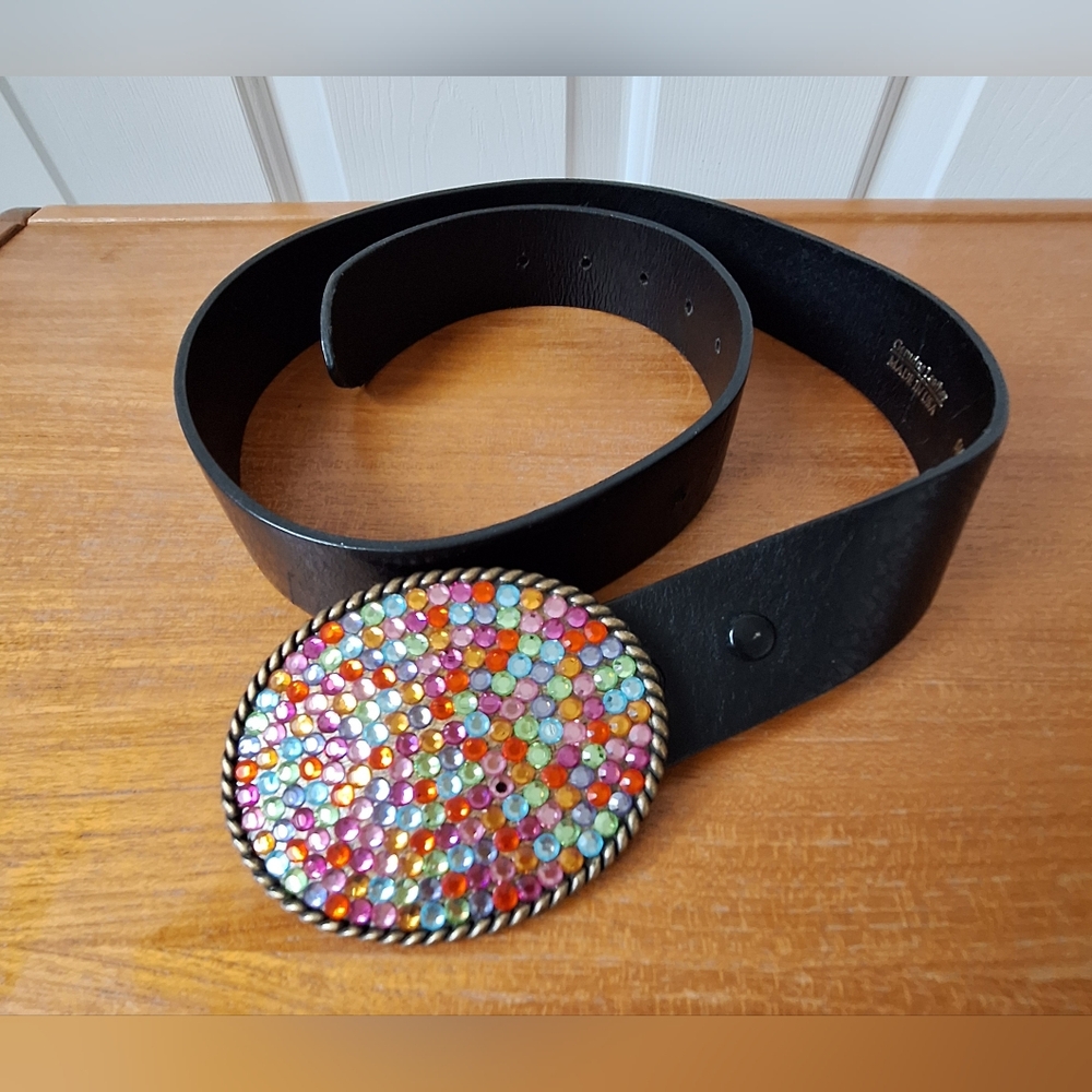 Joomi Joolz Y2K Leather Belt Rhinestone Brass Buckle Statement Rainbow Womens
